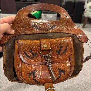 Vintage Brown Leather Handbag with Carved Design
